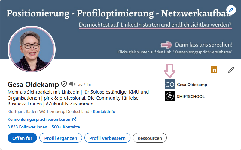 Screenshot des persönlichen LinkedIn-Profils von Gesa Oldekamp. Gezeigt wird hauptsächlich der Einleitungsteil mit Anzeige des Unternehmens.