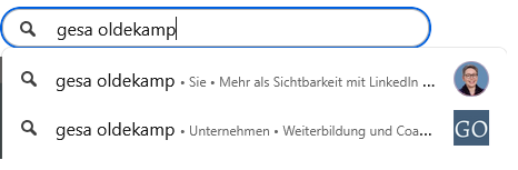 Suche auf LinkedIn nach "Gesa Oldekamp": Anzeige des Unternehmens und des persönlichen Profils